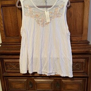 NWT Lucky Brand White sleveless Top with Embroidery